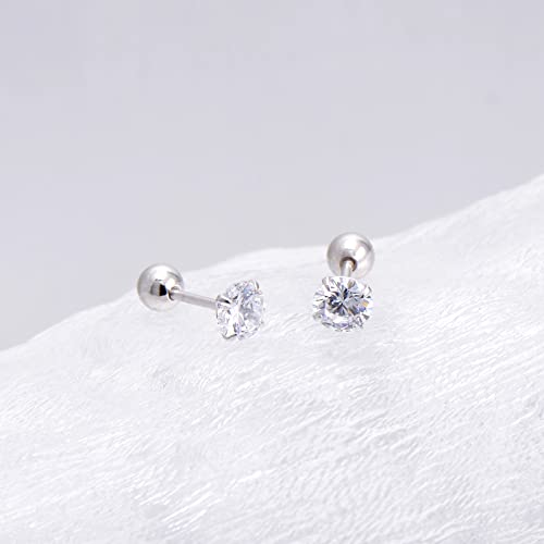 Screw Back Sterling Silver Cubic Zirconia Earrings Studs 3 MM - color: Colorless