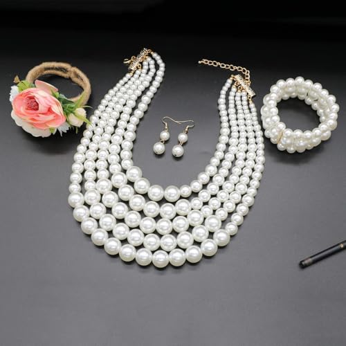 Faux Big Pearl Srand Necklaces for Women 5 Layers Pearls Choker Bib Collar Necklace Bracelet and Earrings set 1920s Costume Pearl Jewelry Bridal Wedding - color: white