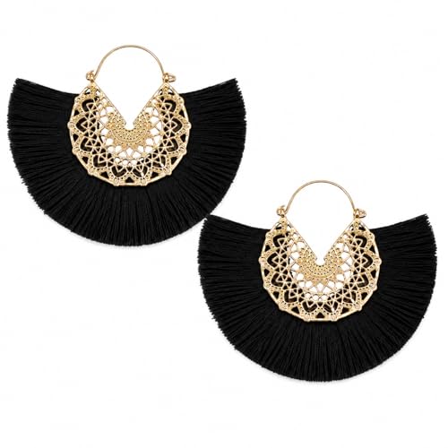 Tassel Hoop Earring Statement Thread Dangle Earrings Stylish Long Fringe Drop Earrings Lightweight Long Swingy French Hook Earrings for Women - color: A Black