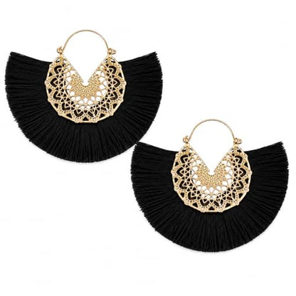 Tassel Hoop Earring Statement Thread Dangle Earrings Stylish Long Fringe Drop Earrings Lightweight Long Swingy French Hook Earrings for Women - color: A Black