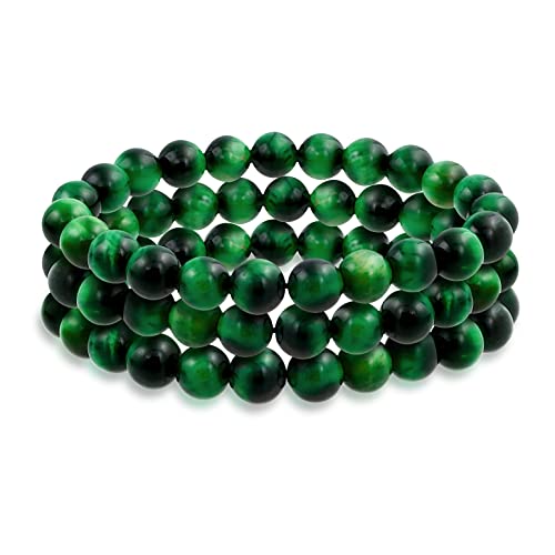 Bling Jewelry Unisex Stackable Set Of 3 Gemstone Round Bead 8MM Stretch Bracelet For Women Teen Men Multi Strand Stacking Adjustable - color: Green Tigers Eye