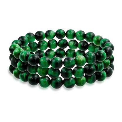 Bling Jewelry Genuine 8MM Gemstone Ball Bead Stretch Bracelet Stackable (3 Set) - color: Green Tigers Eye