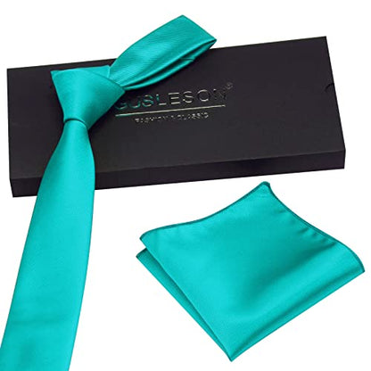 GUSLESON 2.4" Slim Necktie and Handkerchief Set For Men Solid Skinny Tie Set - color: Aqua