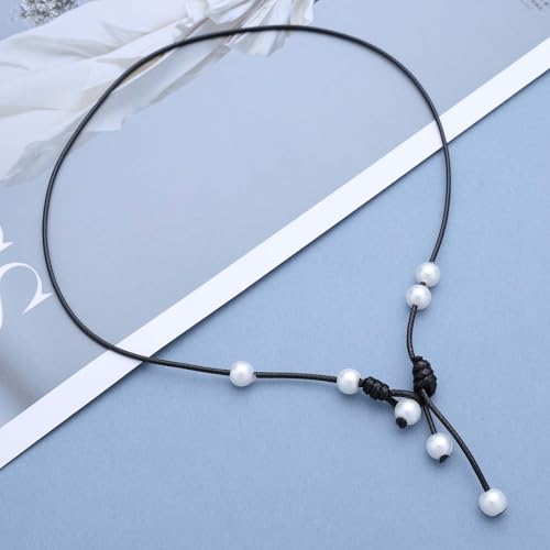 Vintage Black Leather Pearl Choker Necklace Leather Y Lariat Necklace Pearl Tassel Drop Necklaces Gothic Suede Rope Necklaces Jewelry for Women (Pearl3)