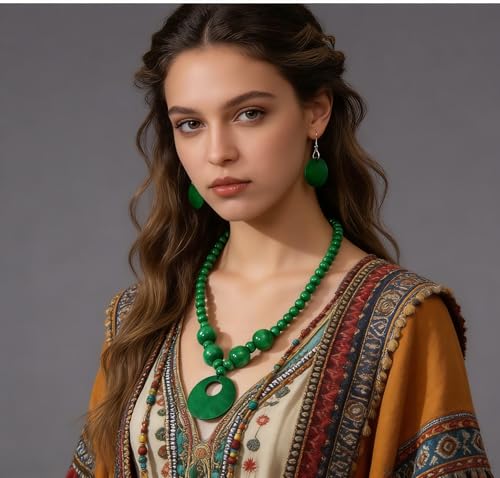 LOTSOF Boho Wooden Beaded Necklace and Earring Set for Women, Bohemian Chunky Statement Costume Jewelry, Round Drop Pendant Retro Ethnic Accessories Ladies Gift - color: Green