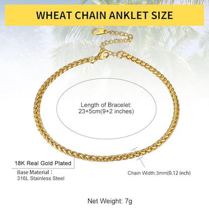 ChainsHouse Ankle Bracelets for Women, Stainless Steel Beaded Chain Ankle Bracelet, Womens Heart Anklets for Summer Beach Jewelry Gifts - color: N: wheat-3mm-gold