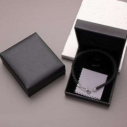 Leather Bracelet for Men Women 4MM Braided 925 silver Clasp 20/21/22cm with Jewelry Gift Box Handcrafted - color: Black, size: 7.8''