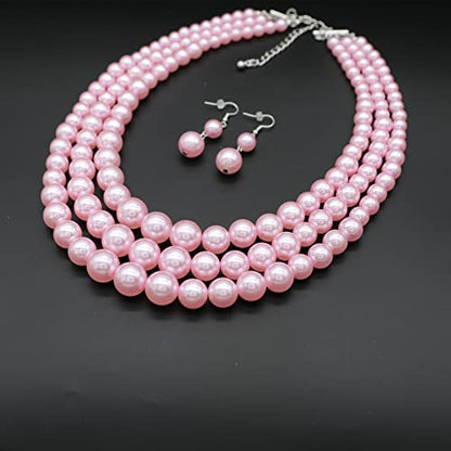 Chunky Layered Imitation Pearl Necklace for Women 3 strand Pearl Necklaces Faux Pearl Necklace Earrings Set 1920s Flapper Gatsby Costume Accessories - color: 3 strand pearl necklace Pink