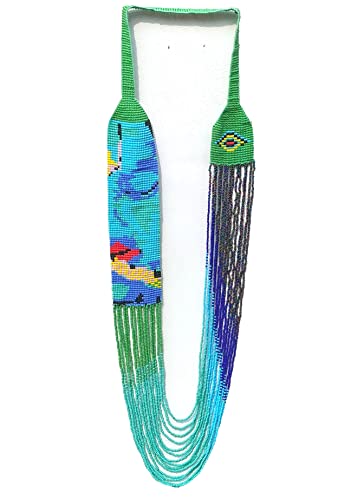 Weavish Layered Beaded Necklace – Boho Native Handmade Seed Bead Tassel Necklace, Bohemian Large Statement Beaded Necklace for Women - color: Green