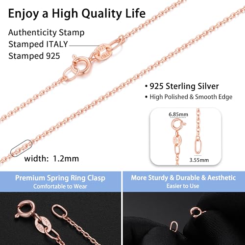 Jewlpire 18k Gold Plated 925 Sterling Silver Chain Necklace for Women, 1.2mm Cable Chain Necklace Super Sturdy & Shiny Women's Chains Necklaces 14/16/17/18/20/22/24 Inches - color: 18K Rose Gold Plated, size: 18 Inch