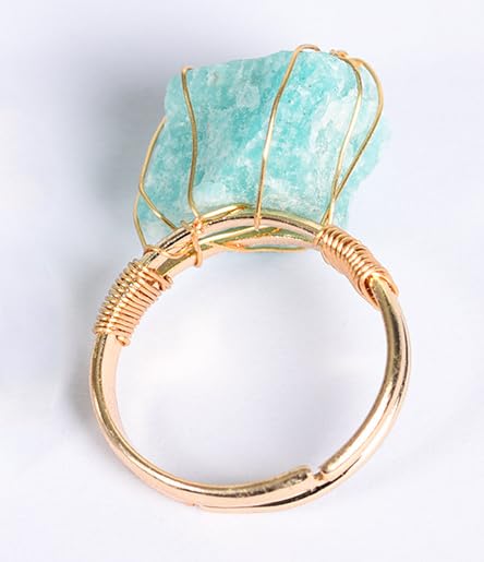 COLORFUL BLING Raw Healing Crystal Natural Stone Ring Statement Copper Wire Wrapped Irregular Crystal Gemstone Adjustalble Ring Jewelry for Women - color: 4 Pcs Set B