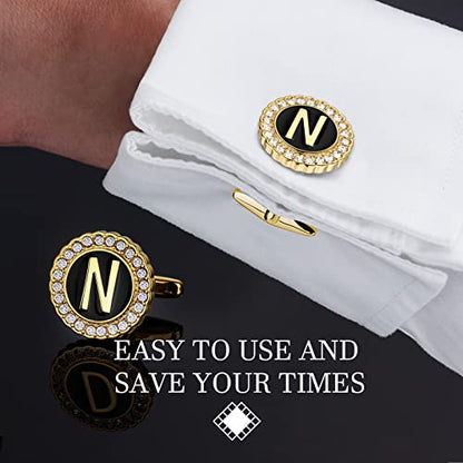 HAWSON 18K Gold Tone Initial Cufflinks for Men with Tuxedo Studs - Gift Boxed, Stylish Men's Jewelry Accessories for Weddings, Birthdays, Anniversaries, Father's Day - color: N-Cufflinks & Studs Set