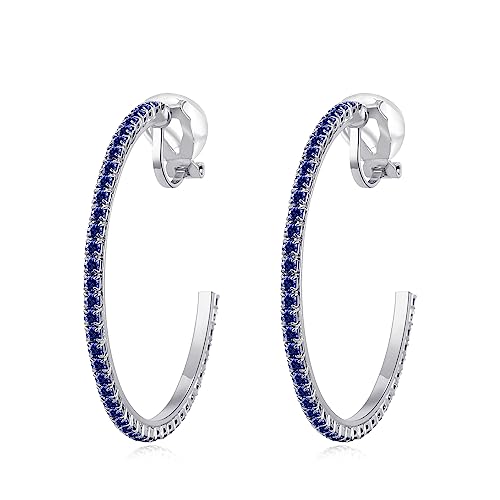 YOQUCOL 4.3CM(1.7in) Clip On Hoop Earrings Cubic Zirconia Non Pierced Ears Hoops for Women - color: Silver-Blue