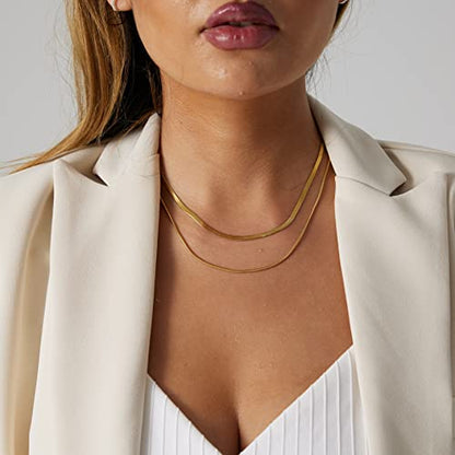 Herringbone Choker Necklace Set Double Layer Snake Chain Herringbone Chain Necklace Layering Necklace Set Cuban Chain Necklace for Women - style: 1-Double layered Snake 3/1.5mm