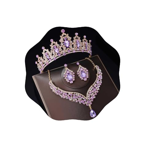 Kamirola Bridal Wedding Tiara Crown Jewelry Set for Women/Brides/Bridesmaids Crystal Jewelry Set for Wedding Prom Party Bridal Crystal Necklace Earrings Bracelet Set(TR60) - color: Gold Purple
