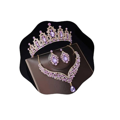 Kamirola Bridal Wedding Tiara Crown Jewelry Set for Women/Brides/Bridesmaids Crystal Jewelry Set for Wedding Prom Party Bridal Crystal Necklace Earrings Bracelet Set(TR60) - color: Gold Purple