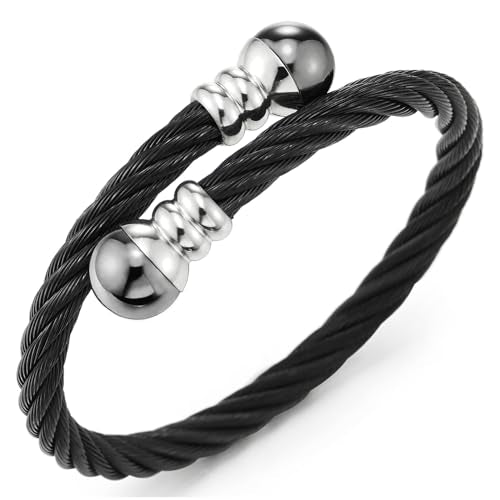 COOLSTEELANDBEYOND Elastic Adjustable Steel Twisted Cable Cuff Bangle Bracelet for Mens for Women - color: M-Metal Color: Black & Silver