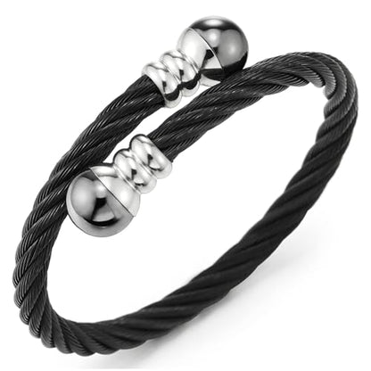 COOLSTEELANDBEYOND Elastic Adjustable Steel Twisted Cable Cuff Bangle Bracelet for Mens for Women - color: M-Metal Color: Black & Silver