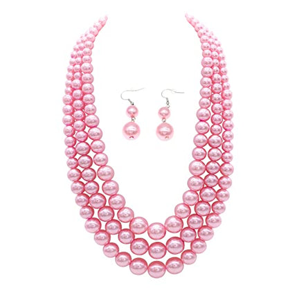 Chunky Layered Imitation Pearl Necklace for Women 3 strand Pearl Necklaces Faux Pearl Necklace Earrings Set 1920s Flapper Gatsby Costume Accessories - color: 3 strand pearl necklace Pink