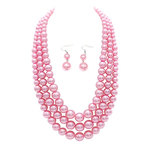 Chunky Layered Imitation Pearl Necklace for Women 3 strand Pearl Necklaces Faux Pearl Necklace Earrings Set 1920s Flapper Gatsby Costume Accessories - color: 3 strand pearl necklace Pink