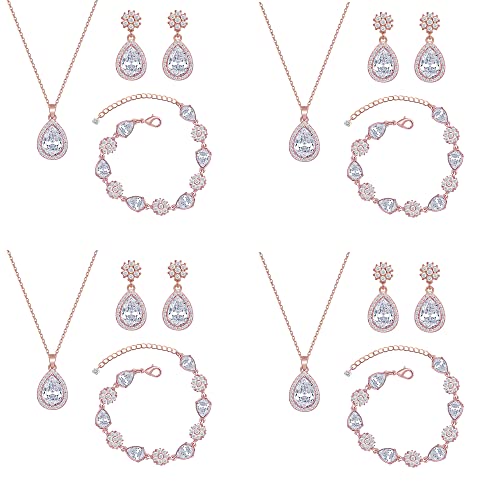 Bridesmaid Jewelry Set for Women,Pendant 18K Gold & Silver & Rose Gold Pendant Necklace Earrings Bracelet Set,Dainty Gift for Wedding/Proposal/Party/Anniversary - color: ROSE GOLD - 4 SETS