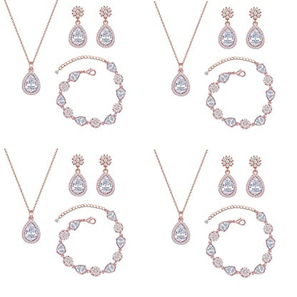 Bridesmaid Jewelry Set for Women,Pendant 18K Gold & Silver & Rose Gold Pendant Necklace Earrings Bracelet Set,Dainty Gift for Wedding/Proposal/Party/Anniversary - color: ROSE GOLD - 4 SETS