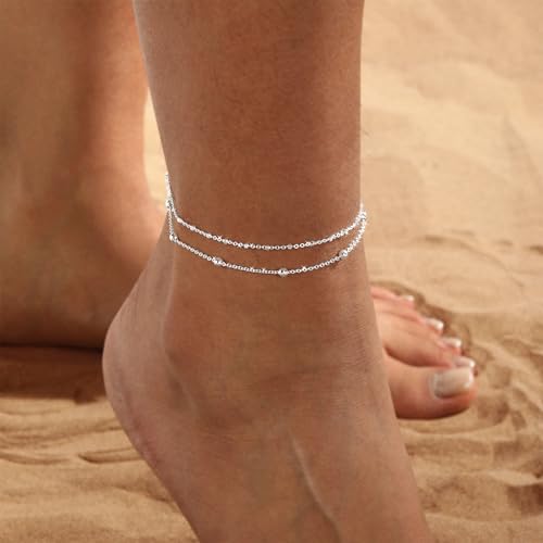 Gold Anklets for Women -14K Gold Plated 2-Strand Layered Ankle Bracelet Waterproof Tarnish Resistant Hypoallergenic Adjustable 8"+2.5" Minimalist Beach Jewelry Gift - style: Stack Anklet 01-SL