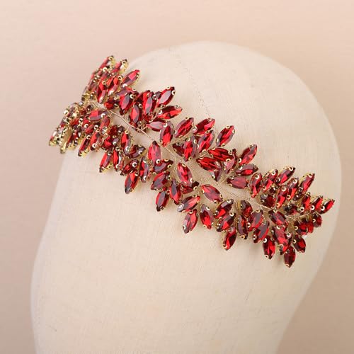 Missgrace Women Silver Green Black Red Blue Handmade Full Crystal Rhinestone Large Headband Hair Vine Shinny Headpiece Bridal Wedding Hair Accessories for Women (Red) - color: Red