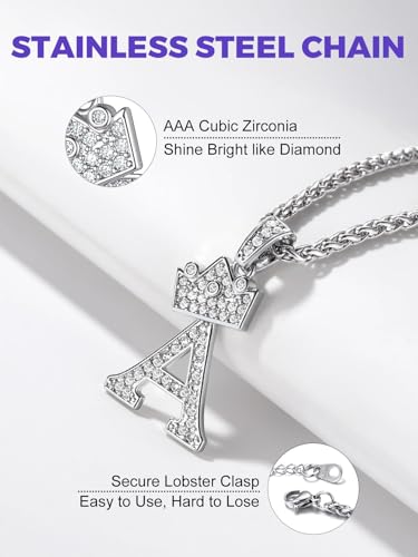 Richsteel Silver Crown Initial A-Z Letter Pendant Necklace for Men Women | Cubic Zirconia Monogram, 316L Steel Chain, 22" + 2" Extender,Hypoallergenic,Gift Box, Hip Hop Jewelry - style: A.