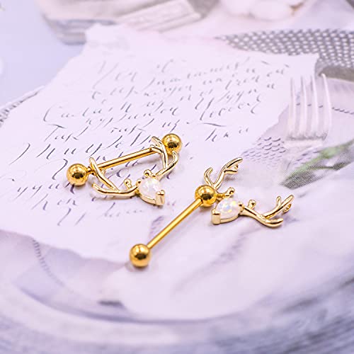 2PCS 14G 316L Stainless Steel Opal Nipple Rings Deer Head Nipple Barbell Nipple Piercings Jewelry for Women - color: gold