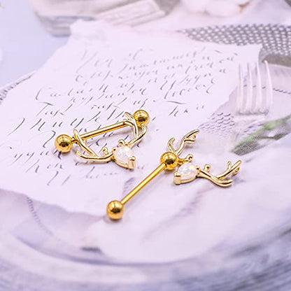 2PCS 14G 316L Stainless Steel Opal Nipple Rings Deer Head Nipple Barbell Nipple Piercings Jewelry for Women - color: gold