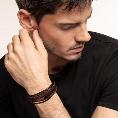 GAUEIOUR Men's Leather Bracelet - Brown with Stainless Steel Clasp, Casual Multi-Layer Creative Braided Bracelets, Vintage Personalized Handmade Wristband Punk Rock Jewelry for Mens