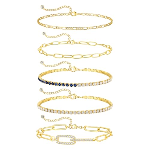 MFRYK Gold/Silver Bracelets For Women,Trendy 14k Gold/Silver Plated lightweight Dainty Chunky Thin Cuban Link Paperclip Chain Tennis Bangle Bracelets Stack Set,Ring Hand Chain Bracelet,Gold Jewelry Gift For Women Fashion Accessories - style: 5Pcs tennis p
