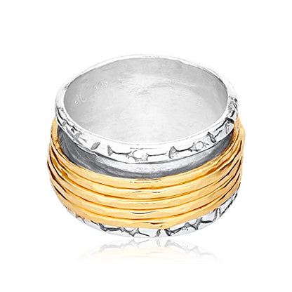 JEAN RACHEL JEWELRY 925 Sterling Silver Ring with 5 One Micron 14K Gold Plated Sterling Silver Rotating Spinner Rings - Artisan Handcrafted Vintage Design Hypoallergenic, Lead & Nickel Free Jewelry