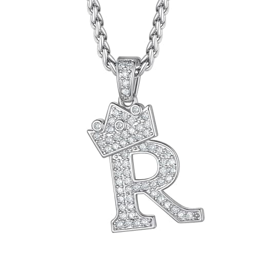 Richsteel Silver Crown Initial A-Z Letter Pendant Necklace for Men Women | Cubic Zirconia Monogram, 316L Steel Chain, 22" + 2" Extender,Hypoallergenic,Gift Box, Hip Hop Jewelry - style: R