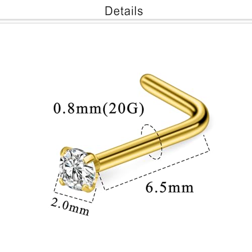 Nose Studs Surgical Steel Nose Rings Studs with Cubic Zirconia 10Pcs Tiny Nostril Rings for Women Screw Bone and L-Shaped Nostril Piercing Jewelry 24G 22G 20G 18G - color: goldtone,L shaped nose studs, size: 20g,2.0mm Clear CZ