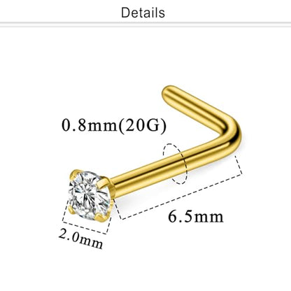 Nose Studs Surgical Steel Nose Rings Studs with Cubic Zirconia 10Pcs Tiny Nostril Rings for Women Screw Bone and L-Shaped Nostril Piercing Jewelry 24G 22G 20G 18G - color: goldtone,L shaped nose studs, size: 20g,2.0mm Clear CZ