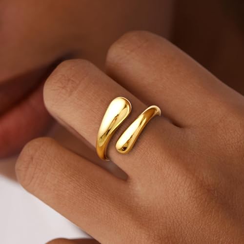 Non Tarnish Gold Chunky Rings for Women, 14K Gold Plated Statement Dome Rings Stacking Silver, Adjustable Mens Eternity Wedding Band Mixed Metal Jewelry Size 3-13 - color: Gold, size: 5, style: Open Twist Band