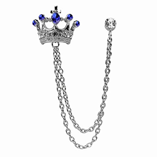 Crystal Crown Hanging Chain Brooch Suit Pin,Vintage Gold Crown Brooch,Suit Stud,Shirt Studs,Lapel Pin Accessories for Men Women - color: Silver Blue