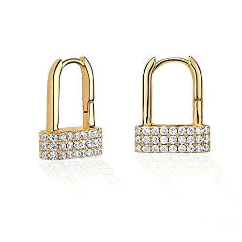 Huggie Hoop Earrings 14K Gold Plated Cubic Zirconia Dainty Simple Cute Beads Elegant CZ Circle Small Hoop Earring for Women Minimalist Handmade Hypoallergenic Jewelry - color: CZ-Lock