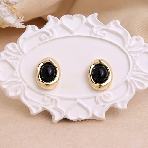 Jean Beau Chunky Gold Stone Stud Earrings for Women, Trendy Natural Gemstone Hypoallergenic Earing Valentine Jewelry Gift - color: Black