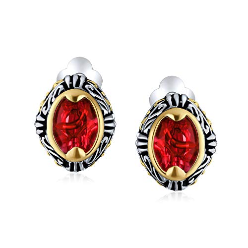 Bali Button Style Two Tone Red Blue Brown Crystal Oval Clip-On Earrings - color: Red
