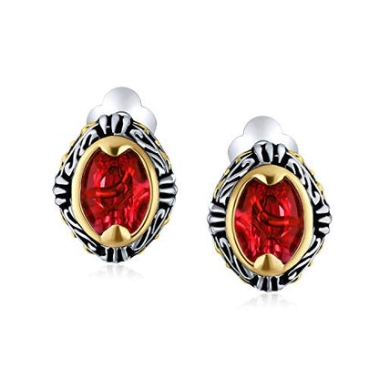 Bali Button Style Two Tone Red Blue Brown Crystal Oval Clip-On Earrings - color: Red
