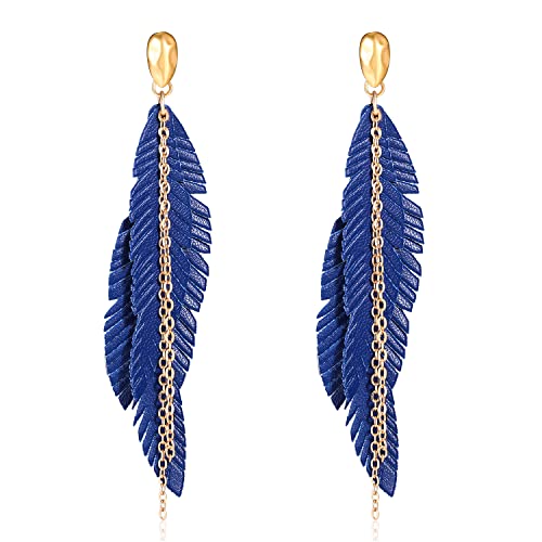 NVENF Feather Tassel Dangle Earrings for Women Bohemian Faux Leather Plume Gold-tone Metal Chain Fringe Statement Drop Earrings Vintage Ethnic Style Jewelry - color: Navy Blue