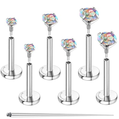 G23 Implant Grade Titanium Flat Back Earrings 16G/18G/20G | 3 Pairs Astm F136 Hypoallergenic Flatback Earrings Internally Threaded Studs for Nose, Helix, Tragus, Conch, Labret Piercing - color: Silver-Rainbow CZ, size: 16G(1.2MM) Bar-6/7/8mm & CZ-2/3/4mm