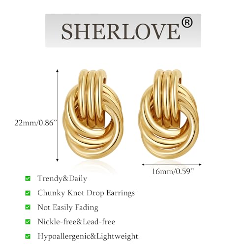 SHERLOVE Chunky Knot Gold Earrings Women Statement Drop Dangle Earrings | 14K Gold Plated Hypoallergenic Lightweight,Trendy Dainty Elegant Cute,Women Gold Jewelry Fashion Accessories Gifts - color: Knot Gold A