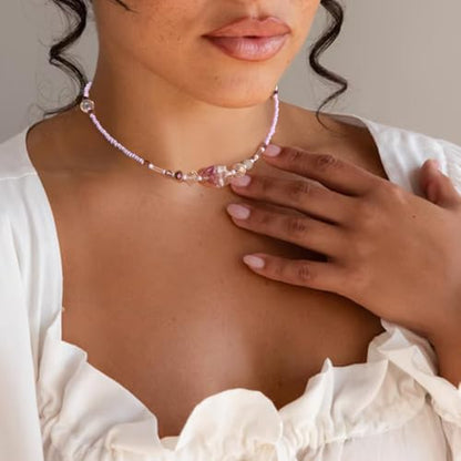 Beaded Necklaces for Women Summer Beach Beaded Necklace Bead Choker Boho Necklaces for Women Handmade Summer Jewelry Stainless Steel 18K Gold Plated - color: Purple