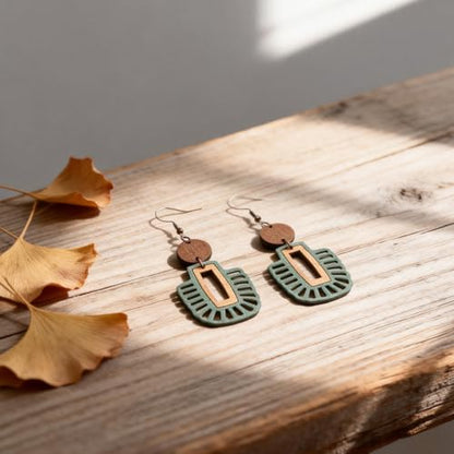 Bohemian Boho Olive Green Wooden Dangle Earrings for Women, Vintage Western Geometric Teardrop Style