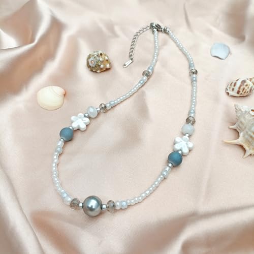 Beaded Necklaces for Women Summer Beach Beaded Necklace Bead Choker Boho Necklaces for Women Handmade Summer Jewelry Stainless Steel 18K Gold Plated - color: White & Blue-gray