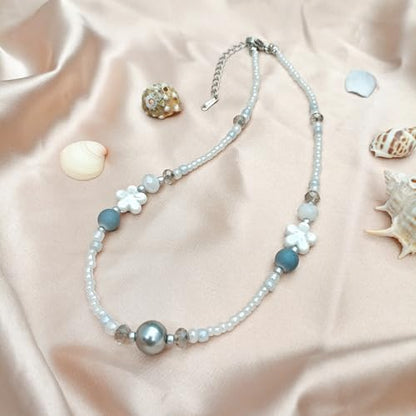 Beaded Necklaces for Women Summer Beach Beaded Necklace Bead Choker Boho Necklaces for Women Handmade Summer Jewelry Stainless Steel 18K Gold Plated - color: White & Blue-gray